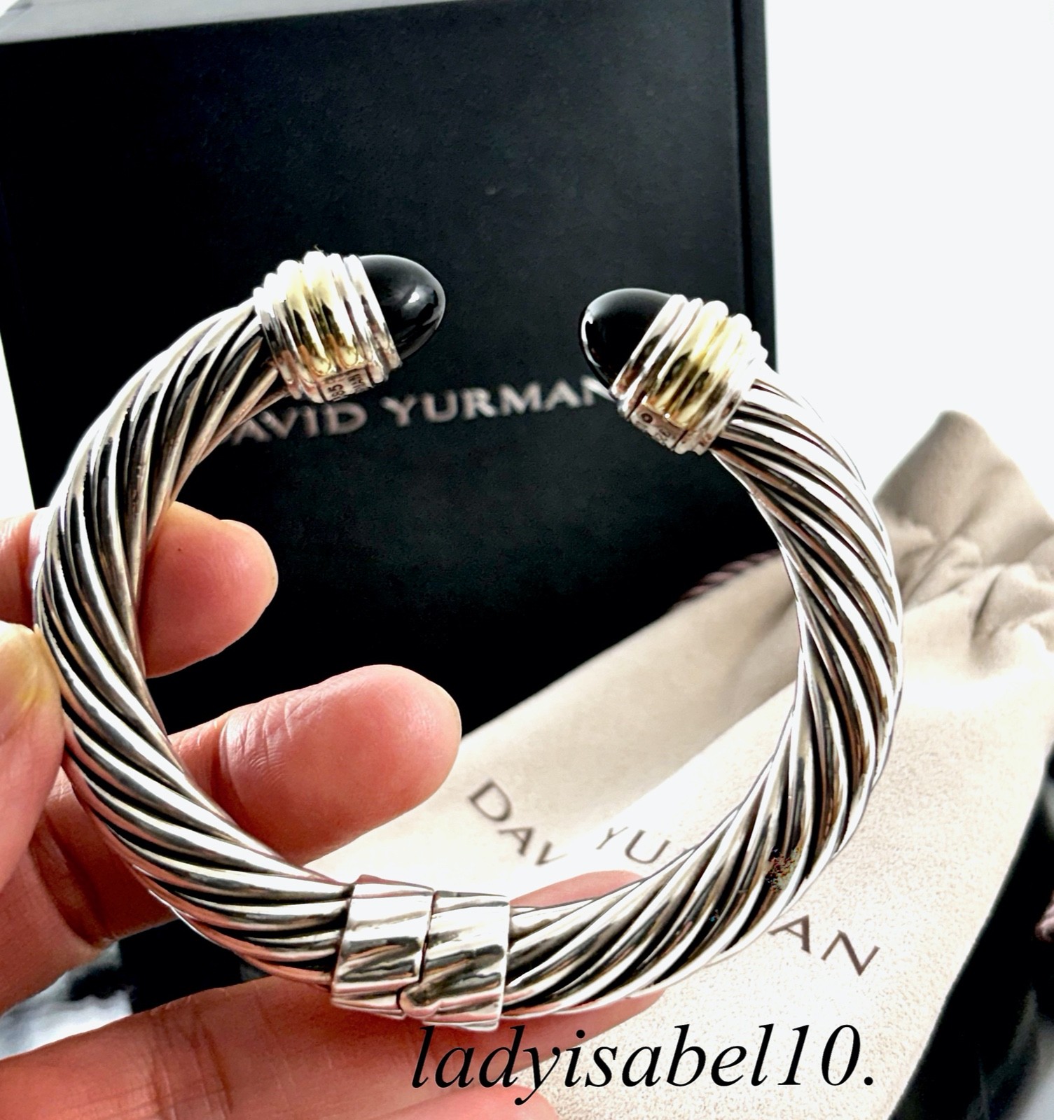 David Yurman Silver 14k Gold Onyx Classic Cable Hinge Cuff Bracelet 10mm 45.3gr.