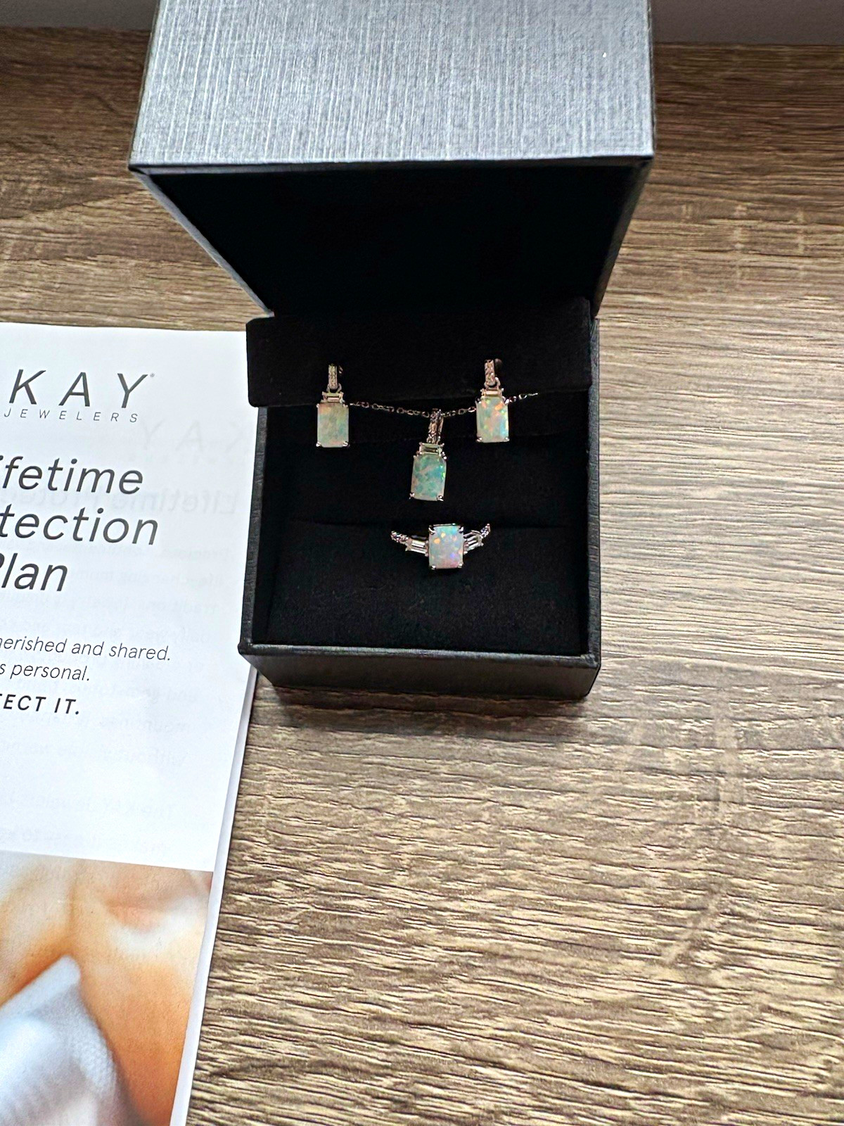 Kay Jewelers 10K White Gold Rectangle Opal Jewelry Set Earrings, Necklace, Ring7