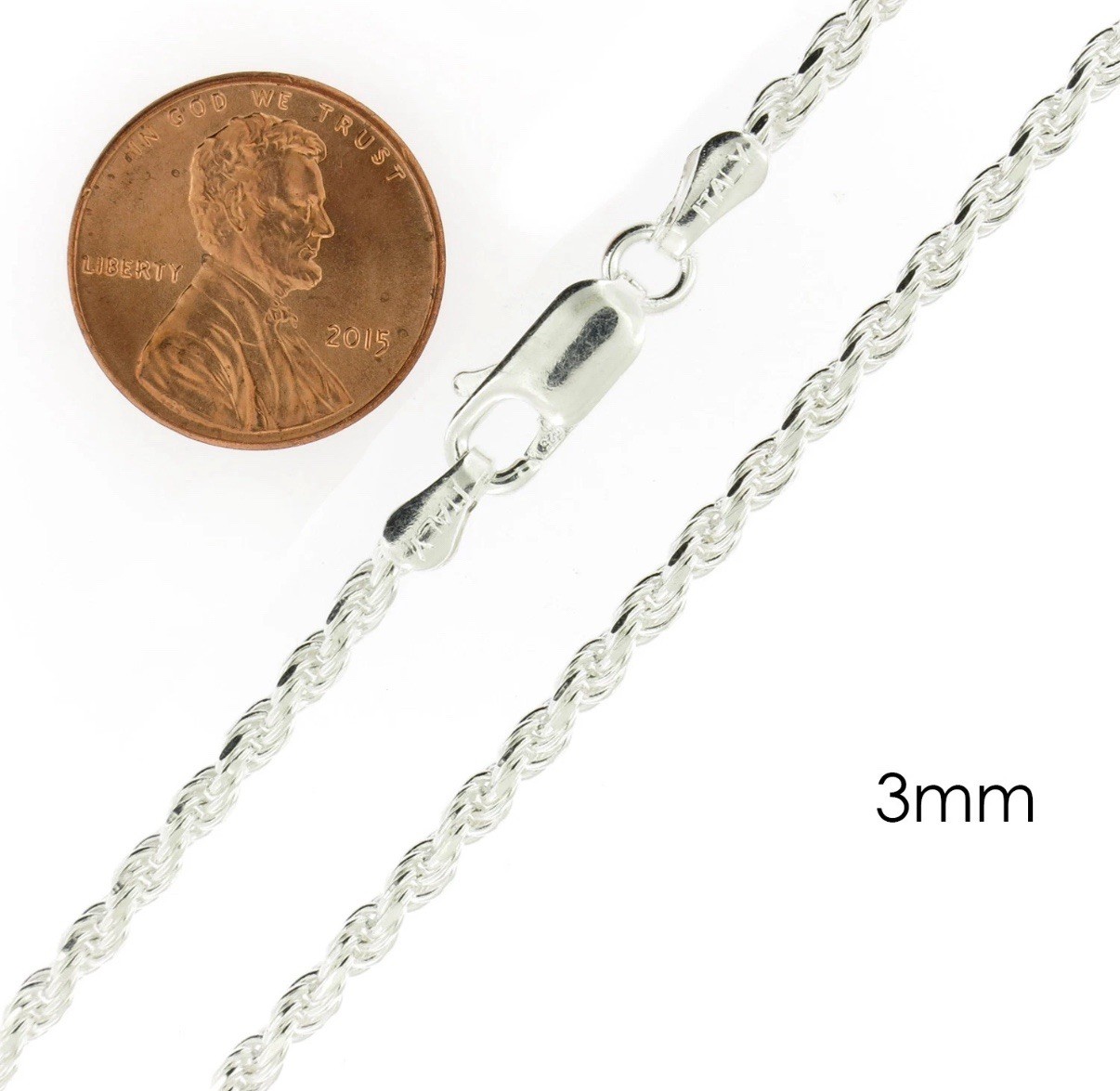 Real Solid Sterling Silver Diamond Cut Rope Chain Mens Boys Bracelet or Necklace