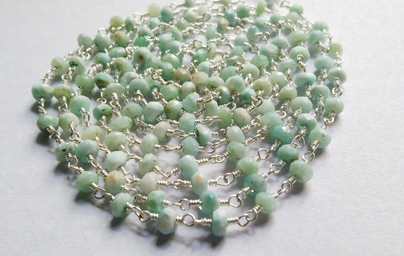Amazonite Rondelle Faceted 4-5 mm Rosary Silver Plated Wire Chain 3.5″Feet