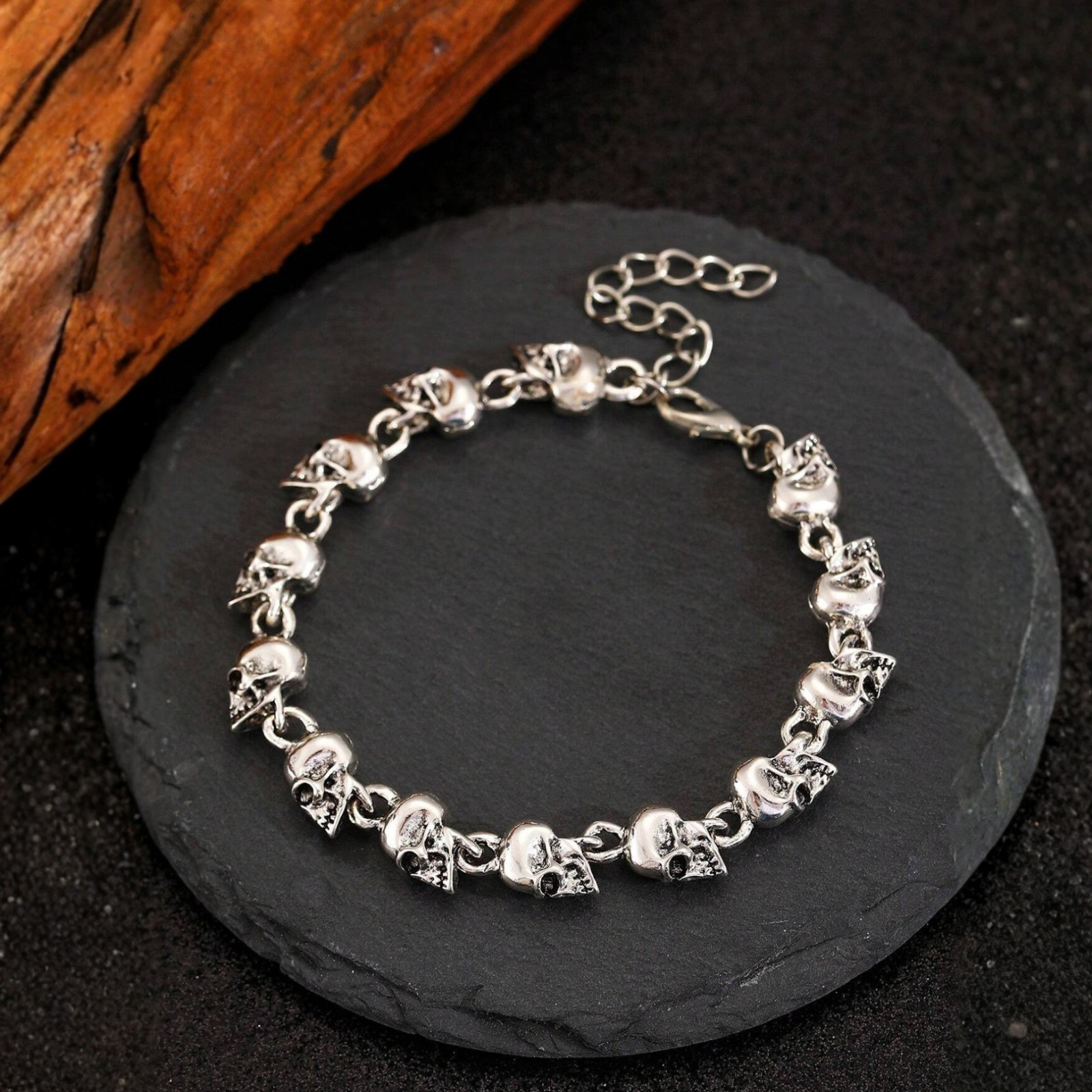 Skull Chain Bracelet Gothic Punk Antique Silver Halloween Jewelry For Women Men
