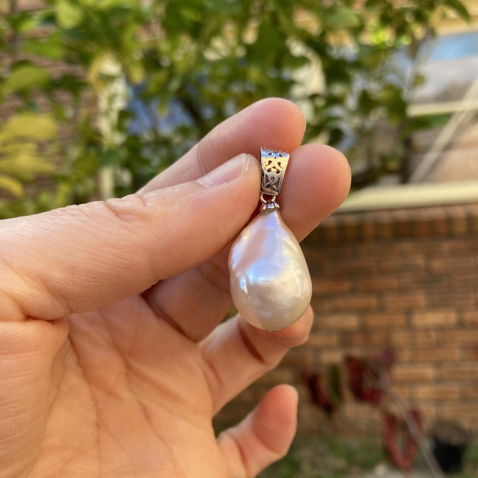 24x16mm Baroque freshwater White Pearl high luster sterling silver Pendant TH111