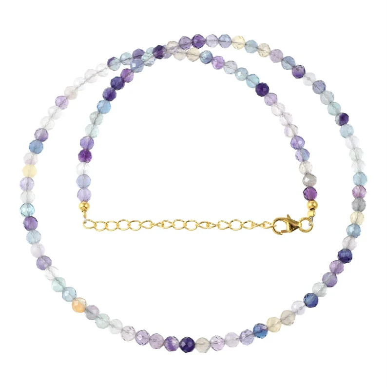 Natural Multicolor Fluorite Necklace 4mm Beaded Handmade 18″ 925 Sterling Silver