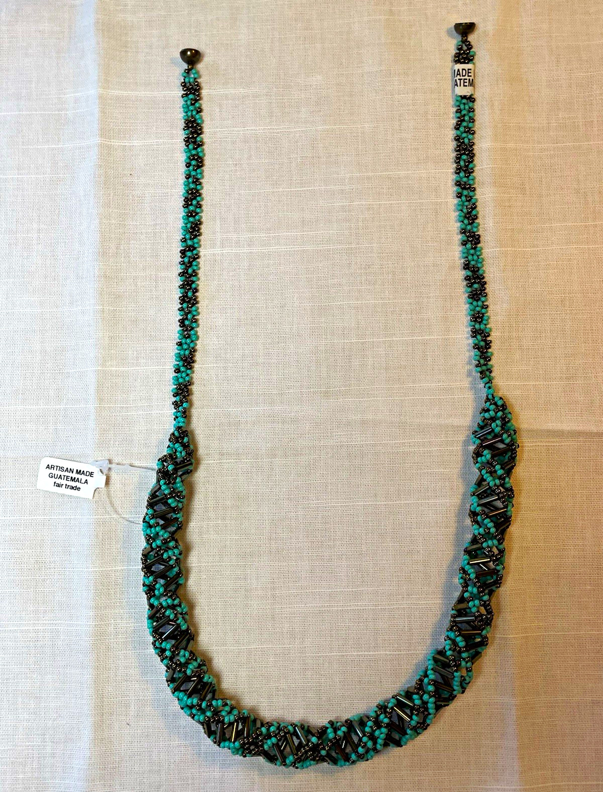 DNA Double Helix Necklace Handmade in Guatemala Czech Glass Beaded Turquoise 24”