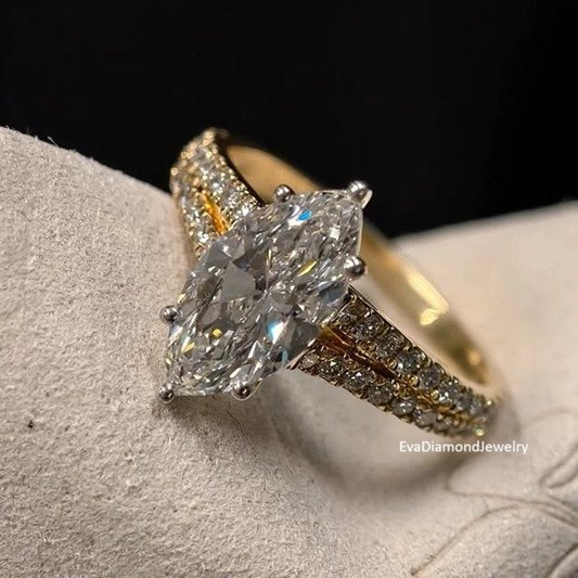 2.0CTW Marquise Moissanite Split Shank Engagement Ring 14k Multitone Gold Plated