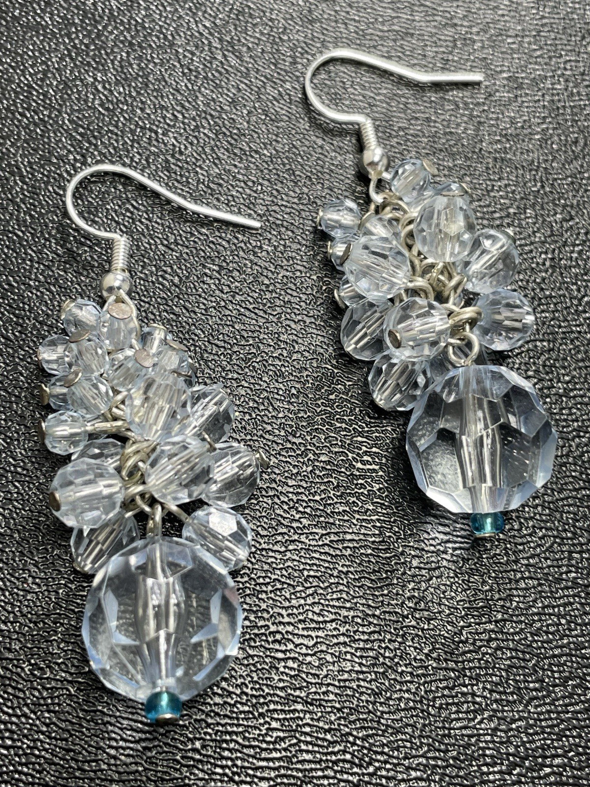 Vintage 2” Blue Faceted Charm Cluster Dangle Earrings
