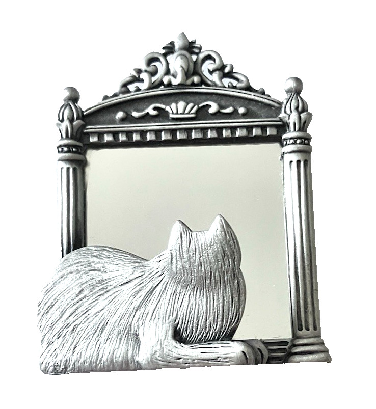 Vintage Brooch Pin- Cat Looking At Image In Mirror Real Glass Set In Pewter(2157