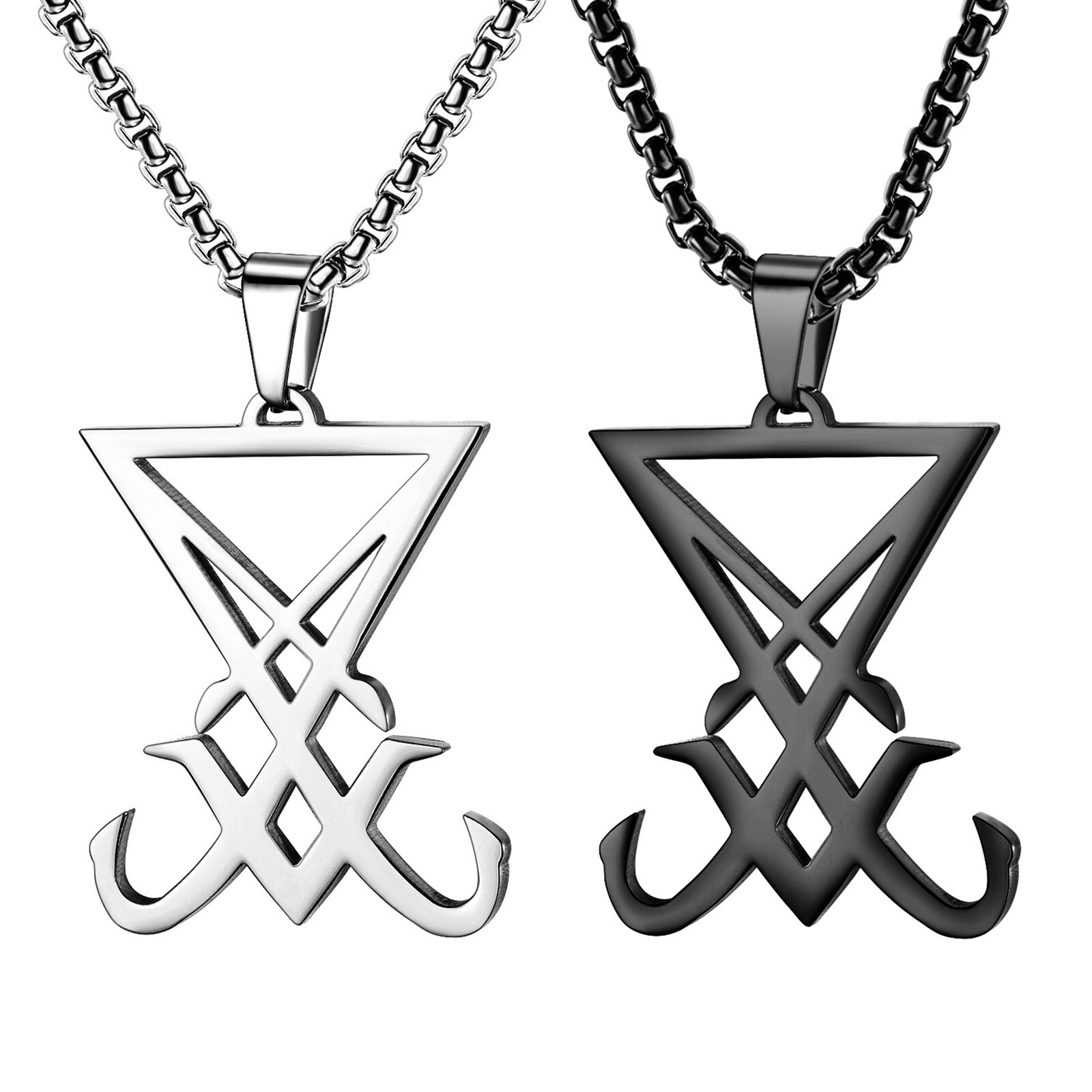 Sigil of Lucifer Pendant Necklace Mens Satanic Amulet Stainless Steel Chain 24″