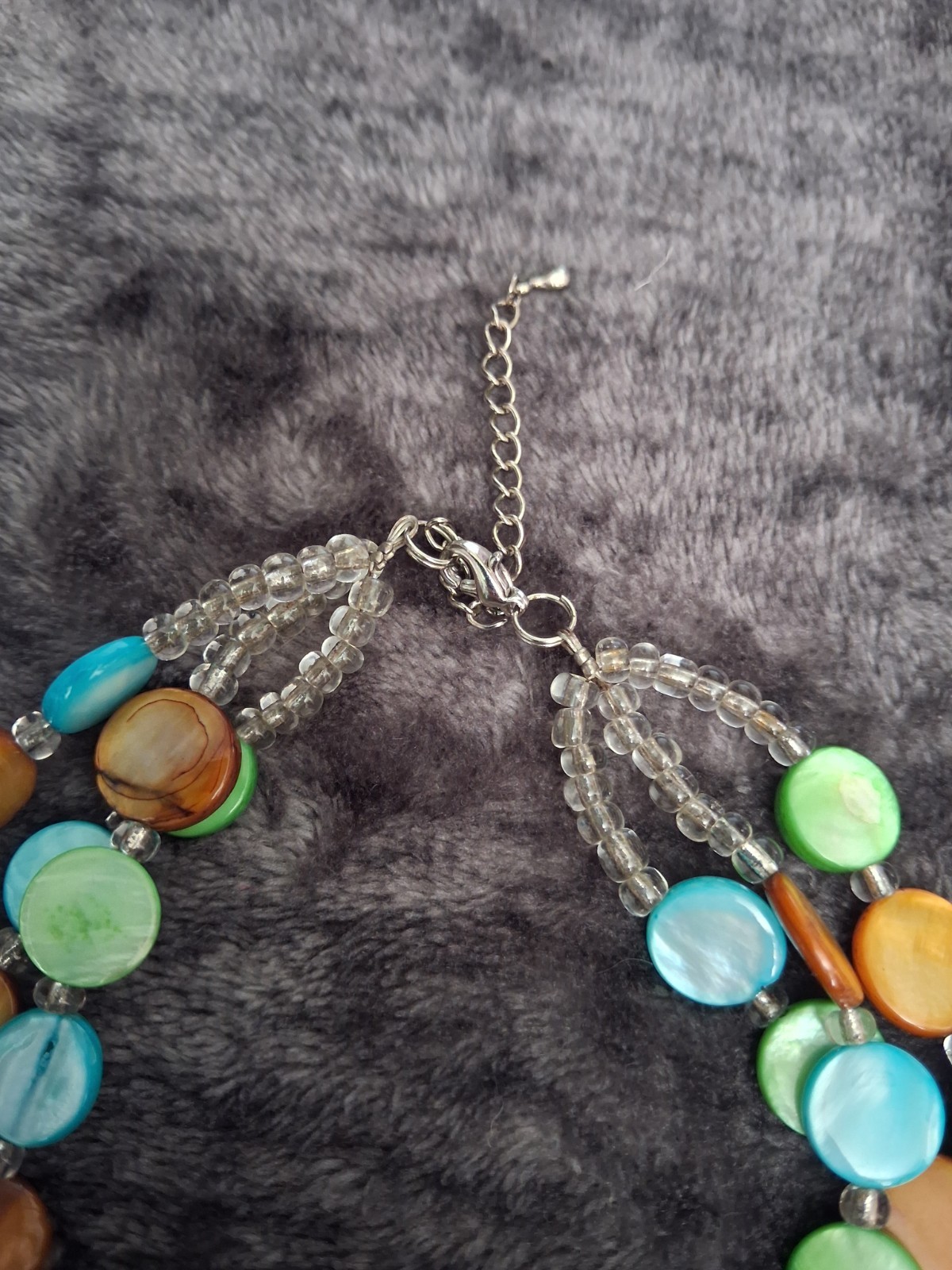 3 strand Multicolor Beaded Necklace, Adjustable Lobster Clasp Green, Brown, Blue
