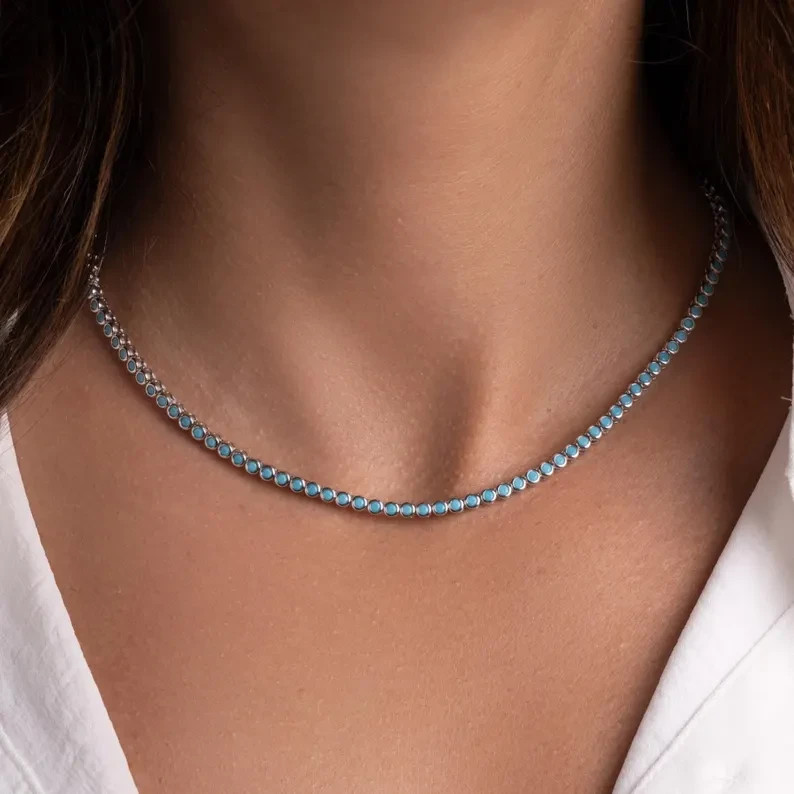 15TCW Round Cut Lab Created Turquoise Bezel Tennis Necklace 925 Sterling Silver