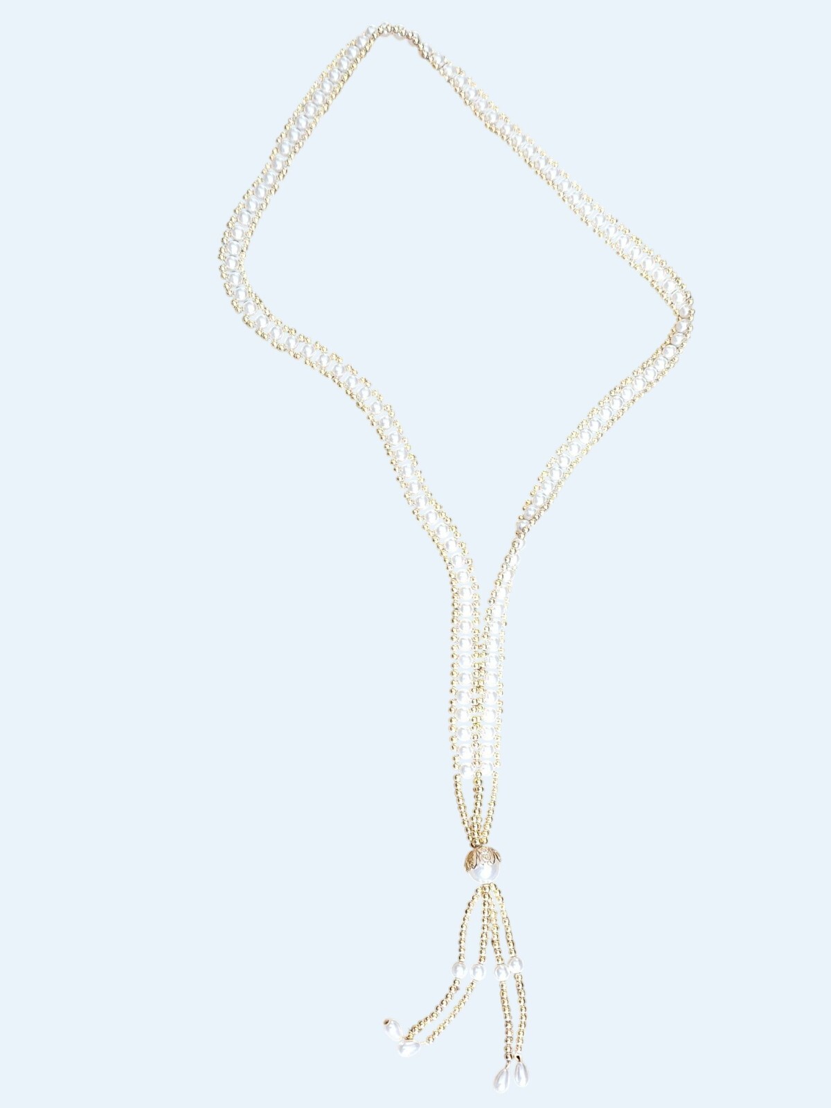 33 inch Faux Pearl & Gold Tone Beaded Necklace w 3 inch Sautoir Tassel Design