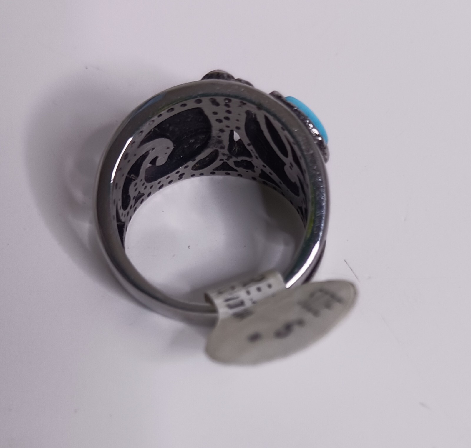 Southwest Turquoise And Coral Silvertone Ring Size 6