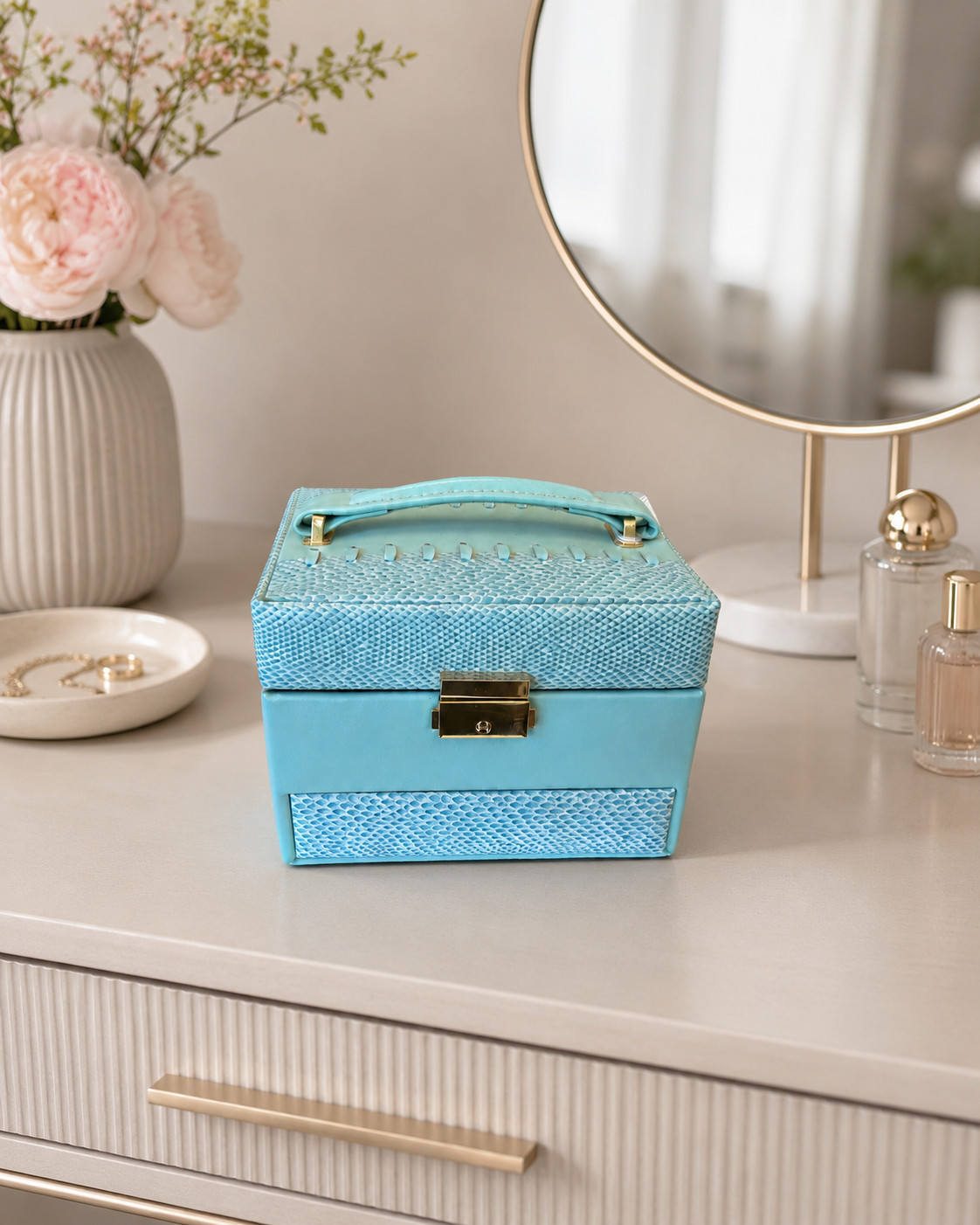 Turquoise Jewelry Box Faux Snakeskin Mirror Drawer Ring Storage Gold Hardware