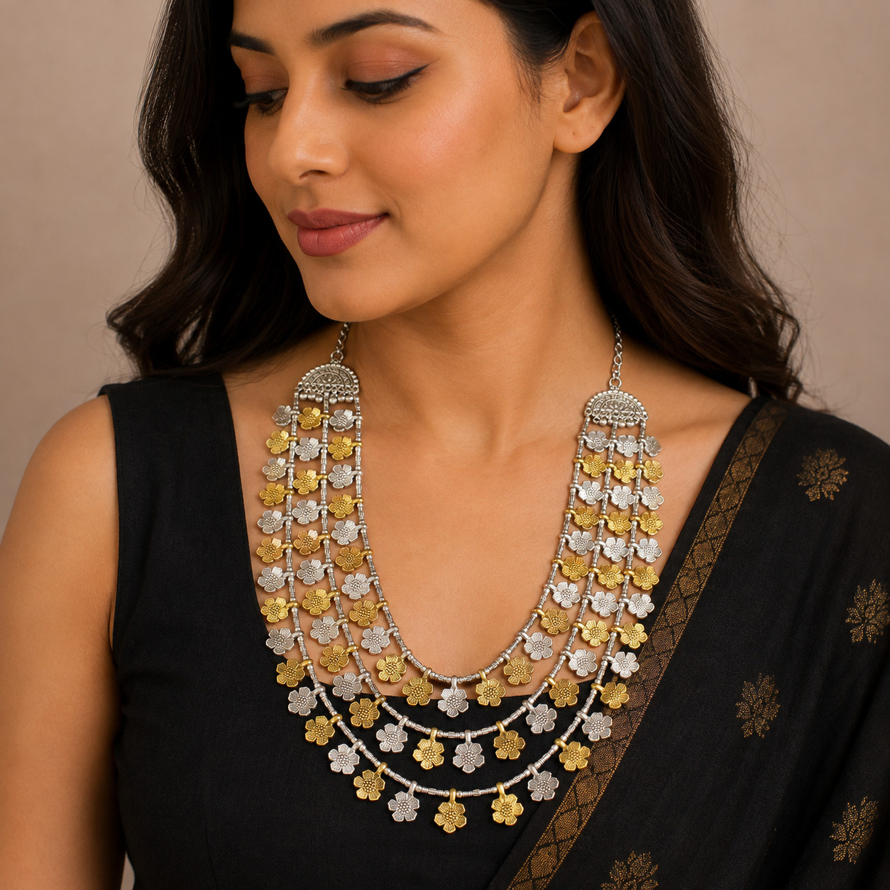 Layered Floral Statement Necklace, Oxidized Silver & Gold Tone Boho Necklace