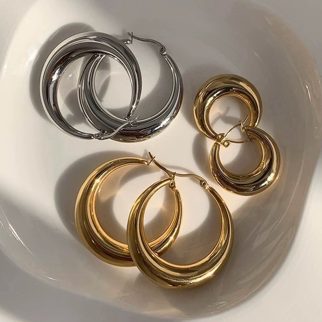 Chunky Hoop Earrings 925 Sterling Silver Posts Gold or Silver Thick Hoops