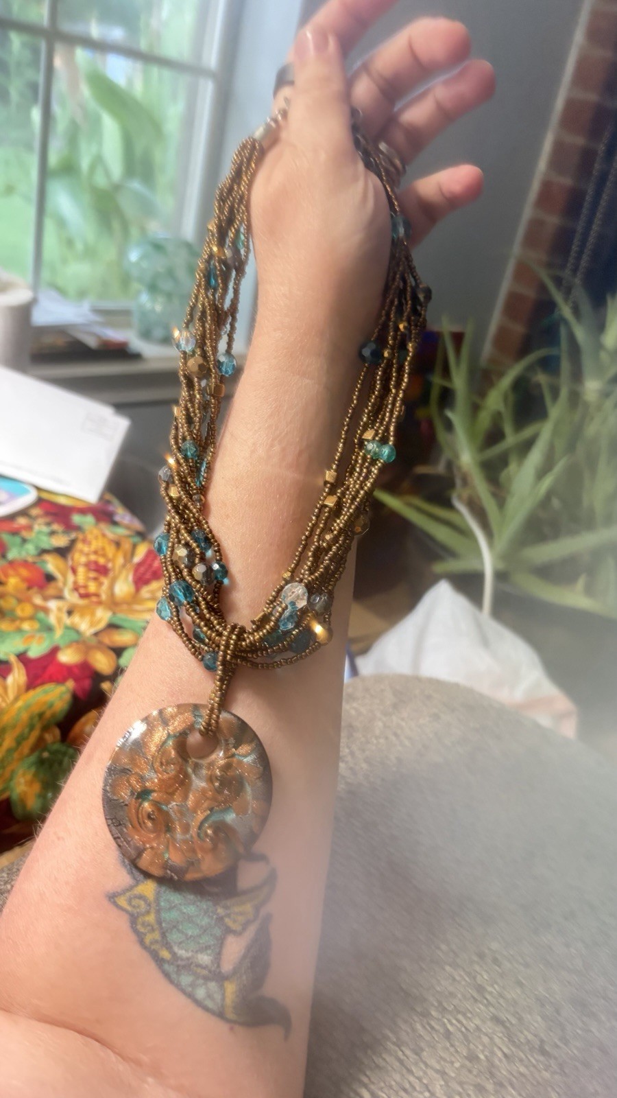 Boho Multi-Strand Bronze Beaded Necklace Swirl Glass Pendant Teal Accents