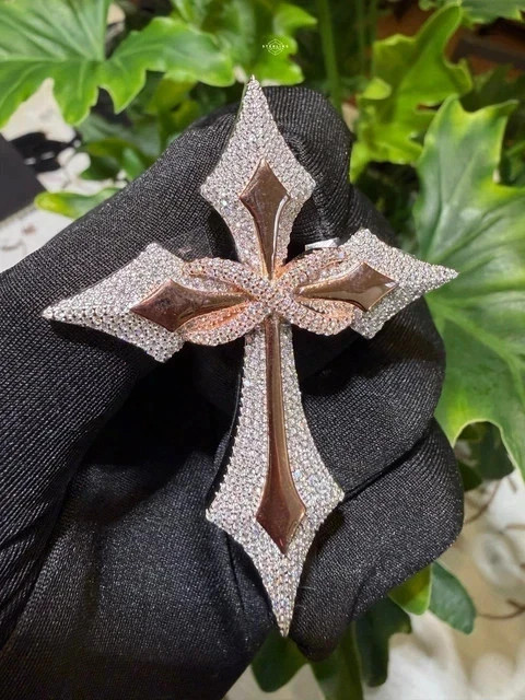 2.80 Ct Round Cut Real Moissanite Cross Charm Men’s Pendant 14K Rose Gold Plated