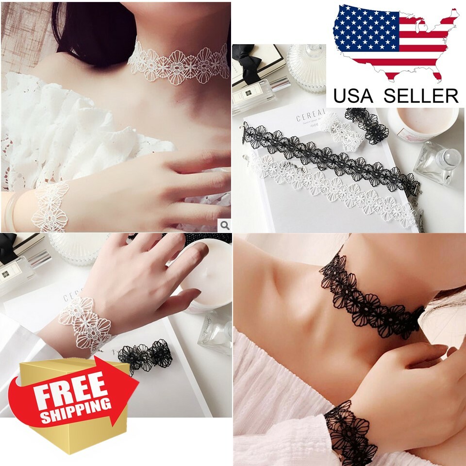 Retro Women Black Lace Flower Choker Necklace Bracelet Punk Gothic Jewelry Set