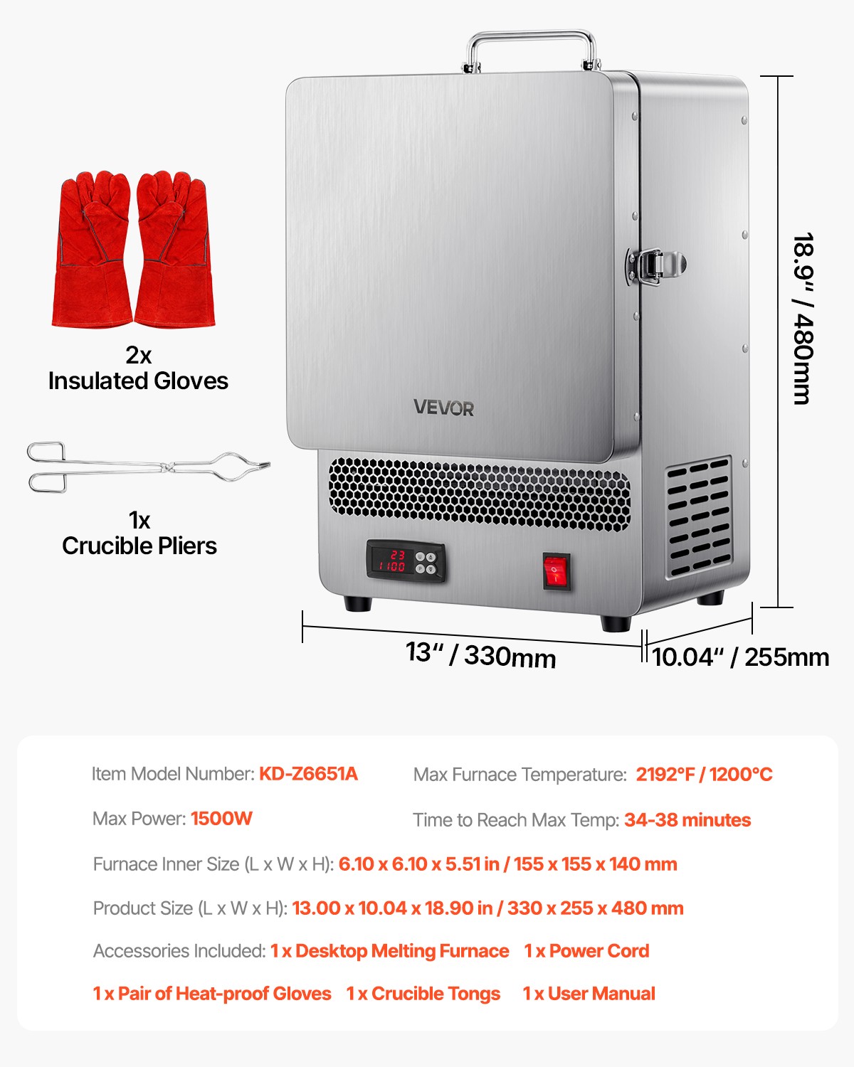 VEVOR Tabletop Kiln Melter Electric Kiln 1500W 2192℉ Max Temperature Furnace