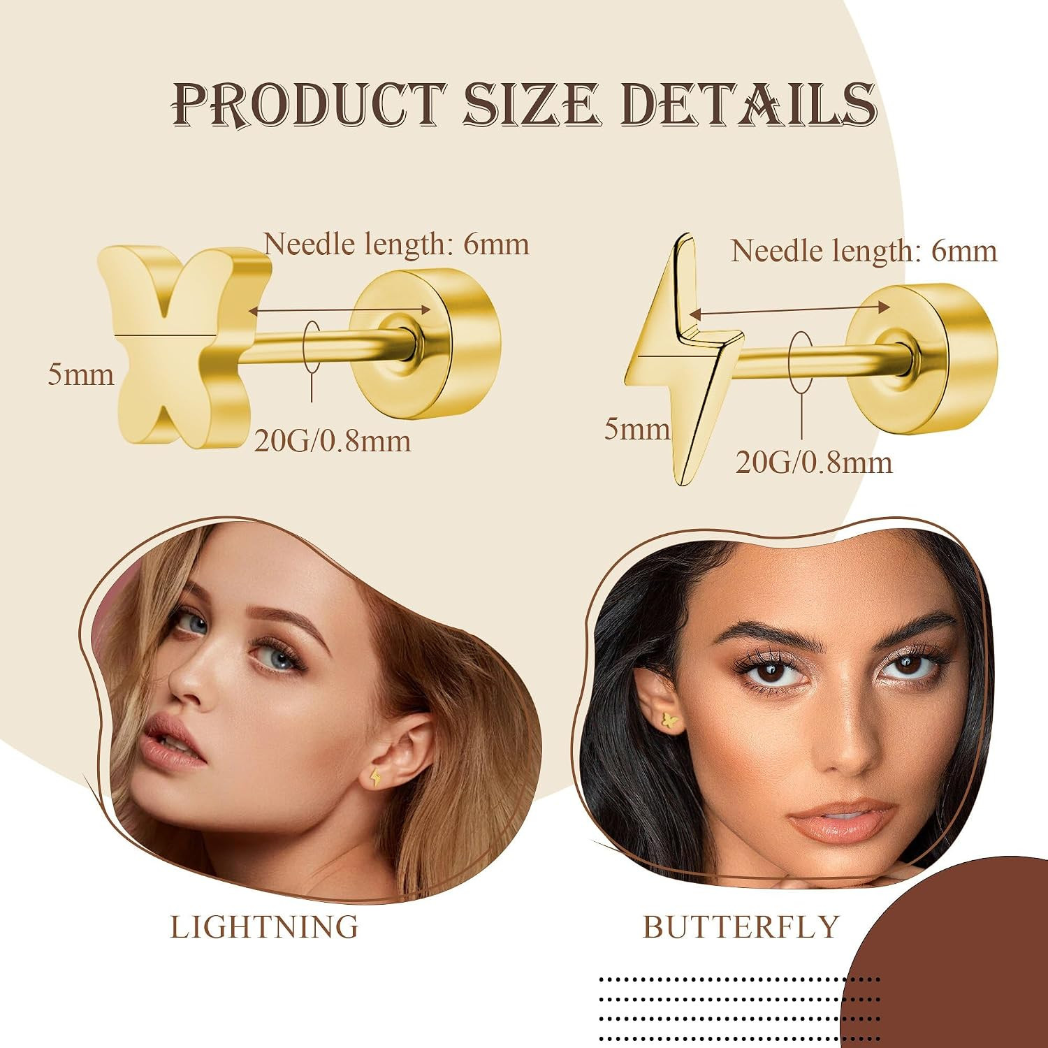 2 Pairs Flat Back Earrings Women, Titanium Star and Moon Earrings, Heart & CZ Fl