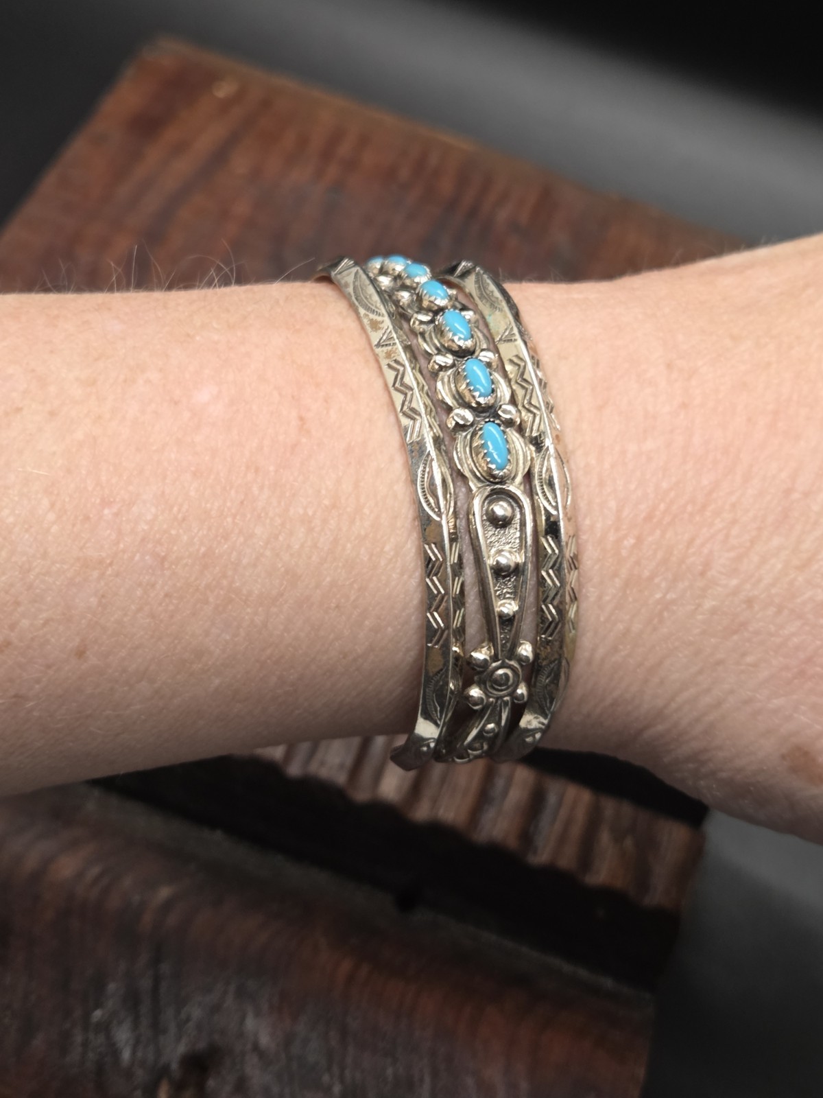 Vtg NICKLE SILVER BELL TRADING POST Southwest Navajo TURQUOISE Cuff Bracelet