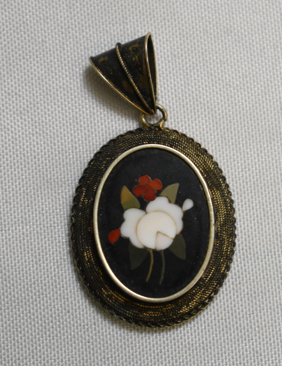 Antique Italian Pietra Dura Inlaid Mosaic 2 Sided Pendant Sterling Silver 12.1g