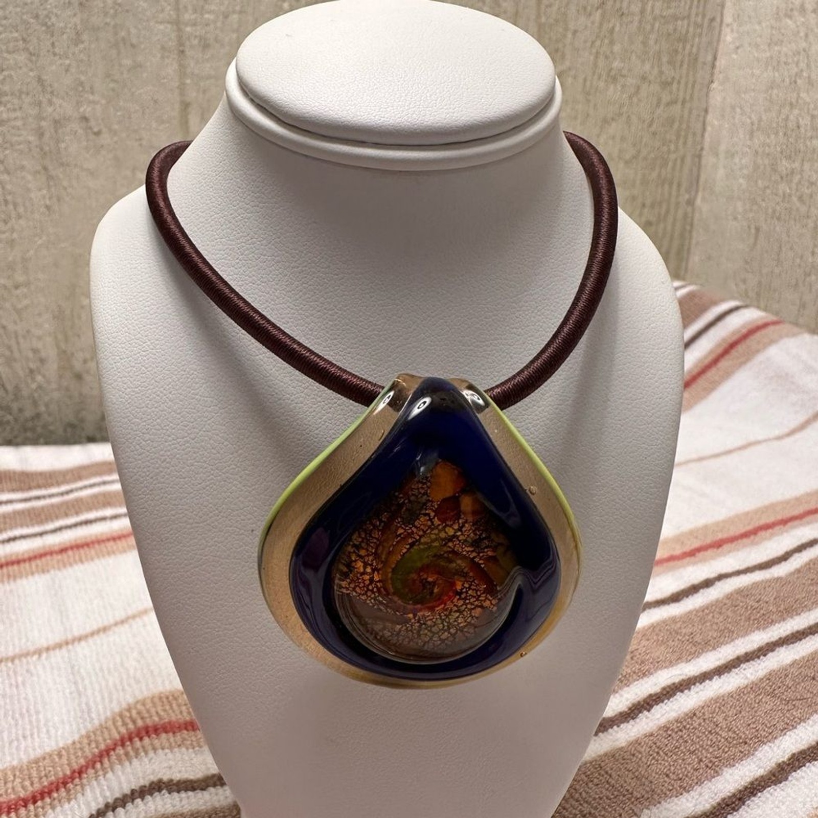 Artisan Glass Teardrop Necklace with Gold and Brown Accents