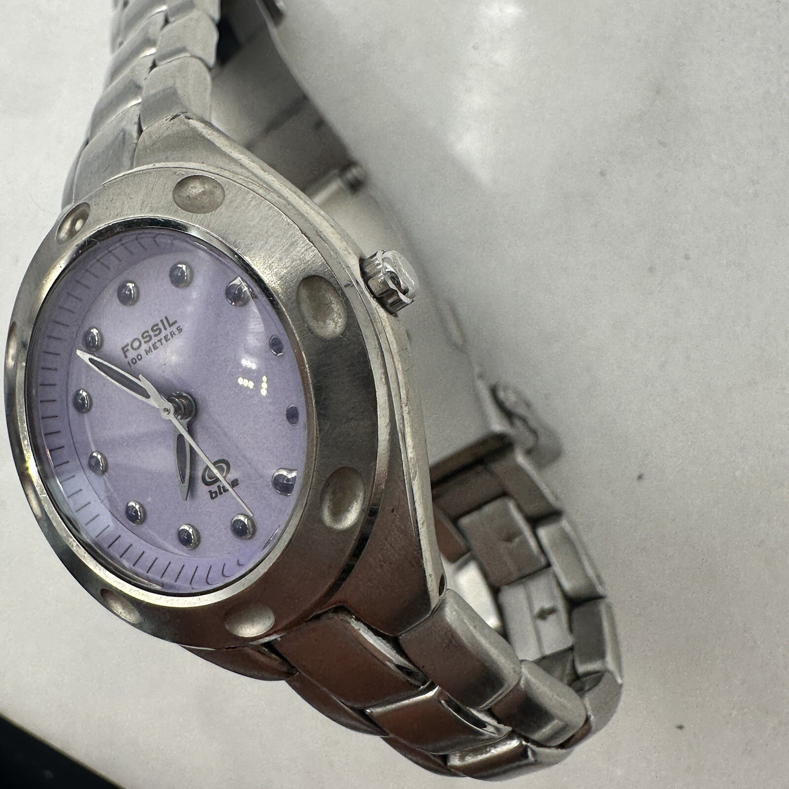 Fossil AM3388 Watch, Purple Dial, Silver Tone, New Battery Sz. 6.25”