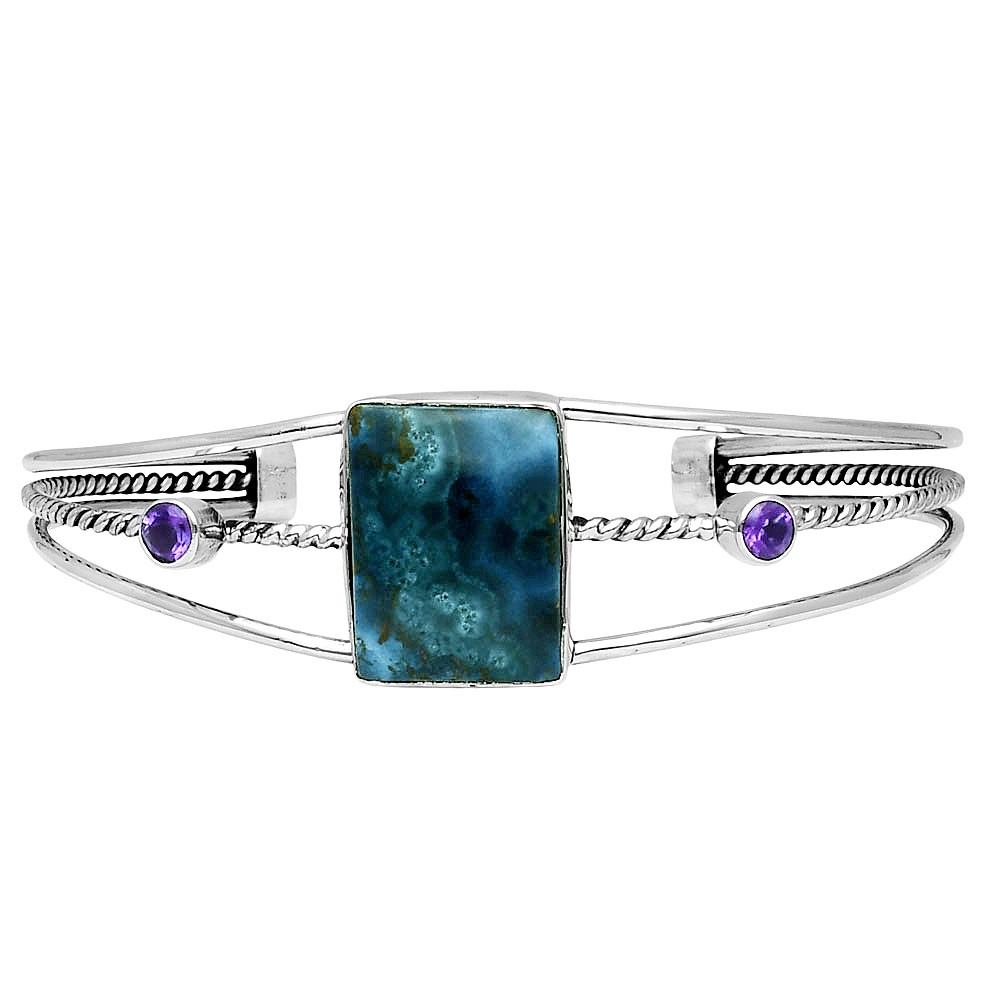 Premium Shattuckite & Amethyst 925 Silver Cuff Bangle Bracelet Jewelry B-1011