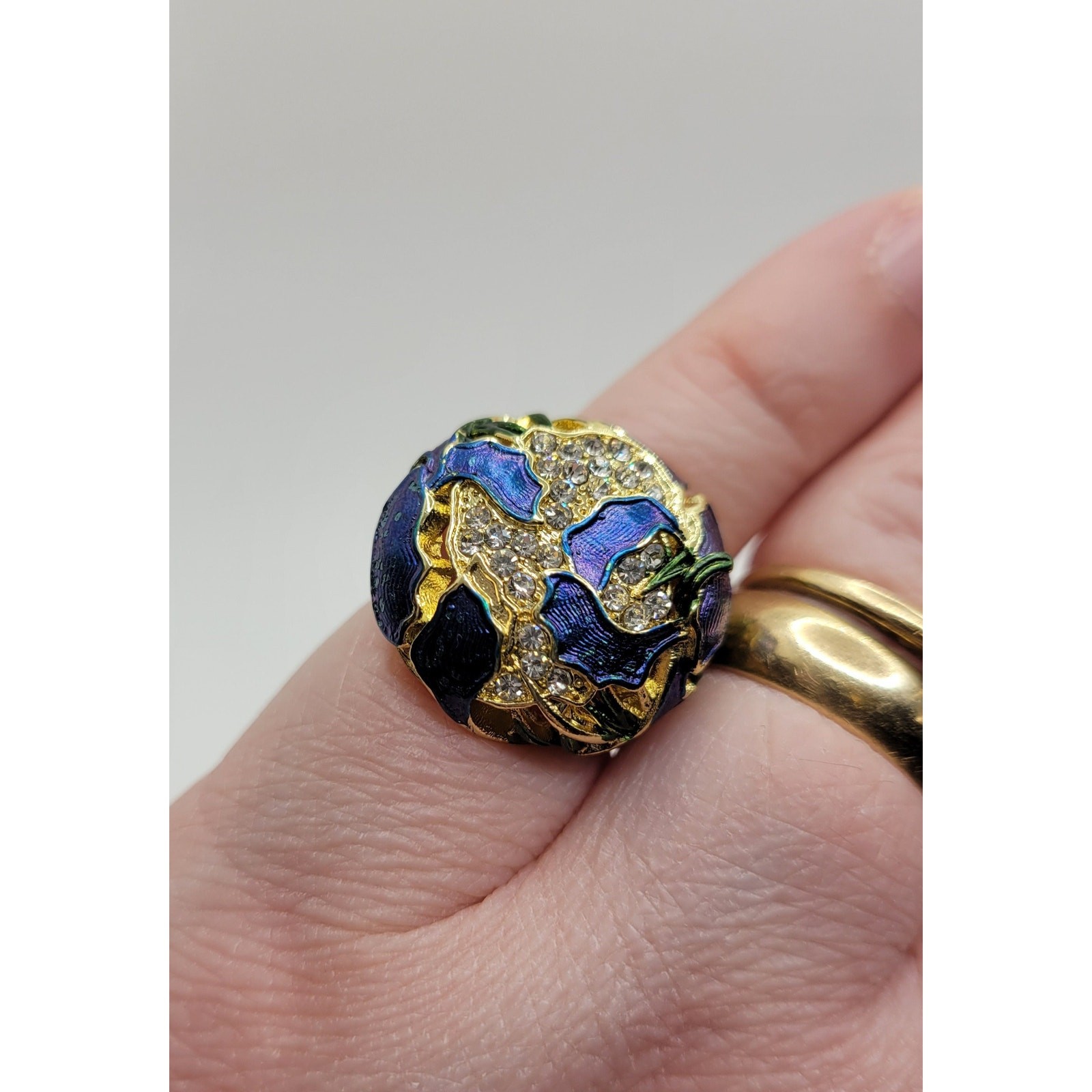 Cobalt Blue Iris Crystal Statement Dome Ring Rhinestones Pinky Size 5.5 Flower
