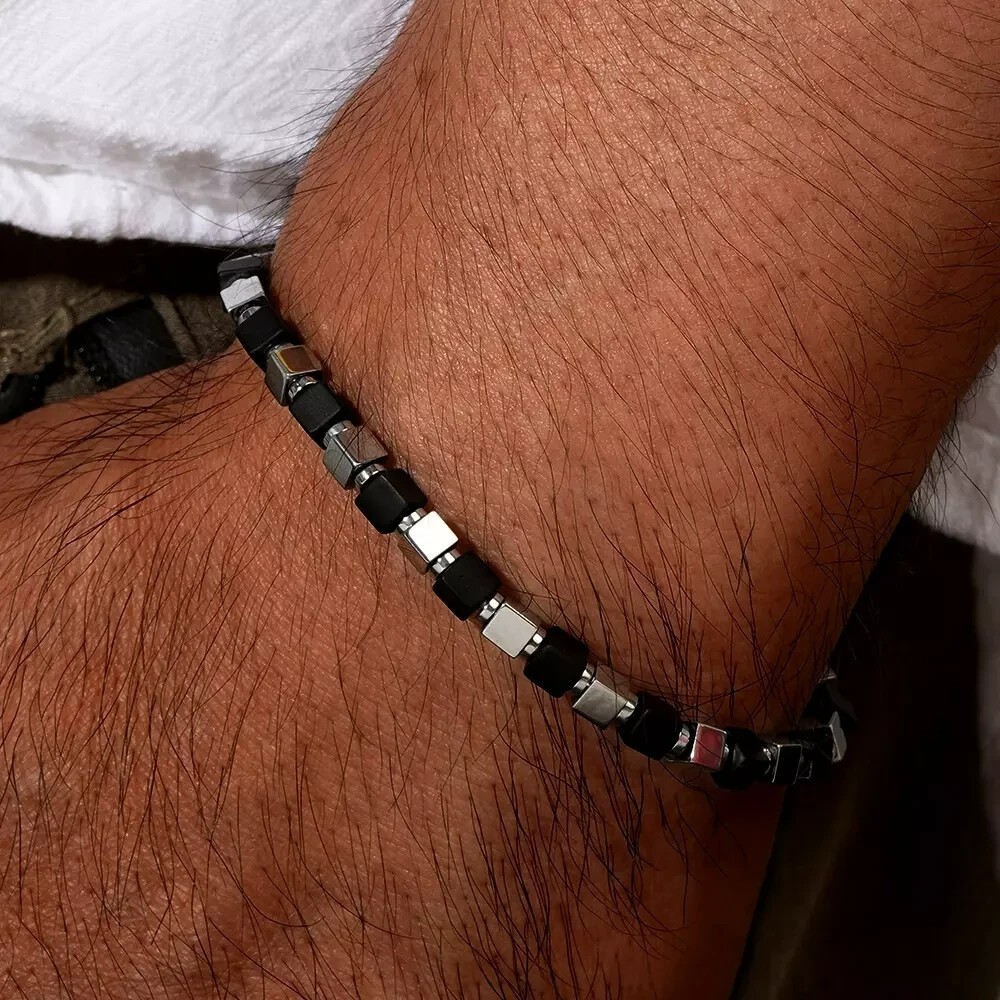 Men’s Black Tourmaline Hematite Square Bead Bracelet Stretch Jewelry Gift