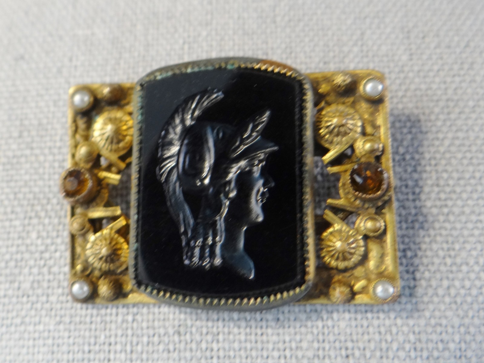 Antique INTAGLION ONYX GREEK SOLDIER GOLD PLATED SET W PEARLS & CITRON Victorian
