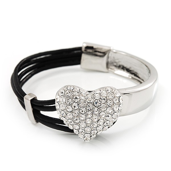 Silver Tone Diamante ‘Heart’ Leather Cord Bracelet – 17cm Length