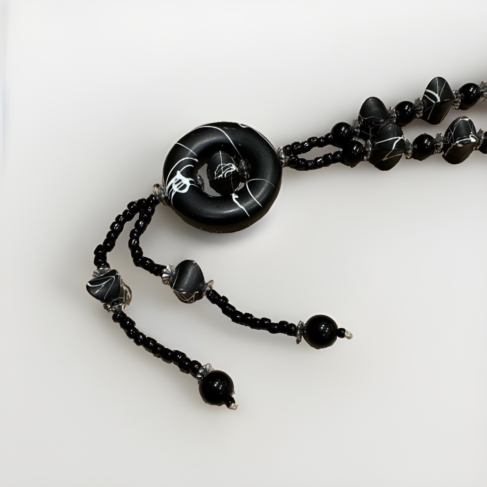 Black Plastic Beaded Ball Chain Necklace w/ Round Charm Pendant