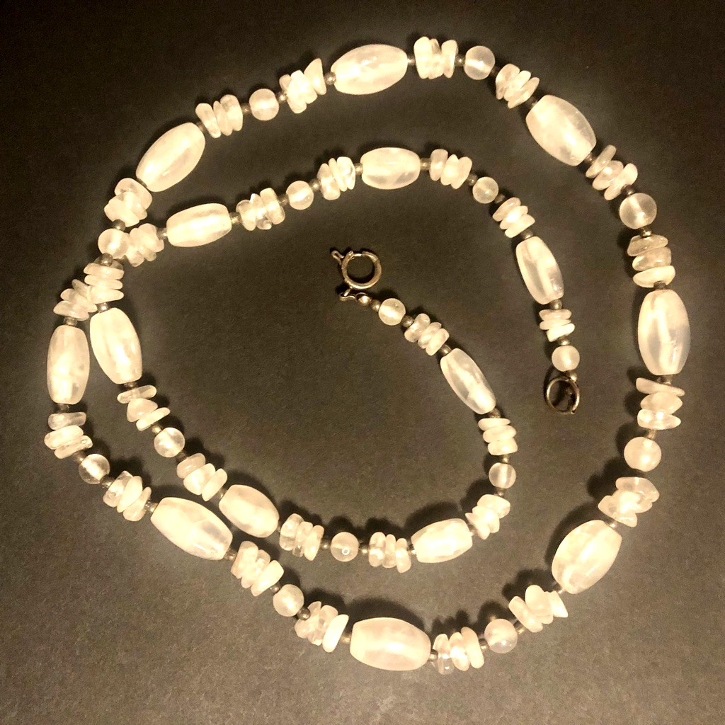 Vintage 34″ QUARTZ Stone BEAD NECKLACE~ White Semi Transparent Polished Ovals