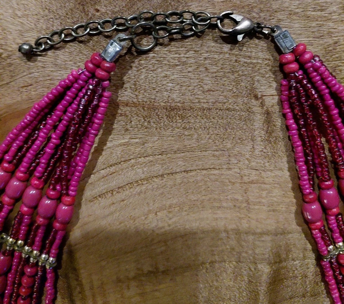 Vtg Gold Necklace with Dark Pink Glass Seed Beads by MIXIT Dark-Pink