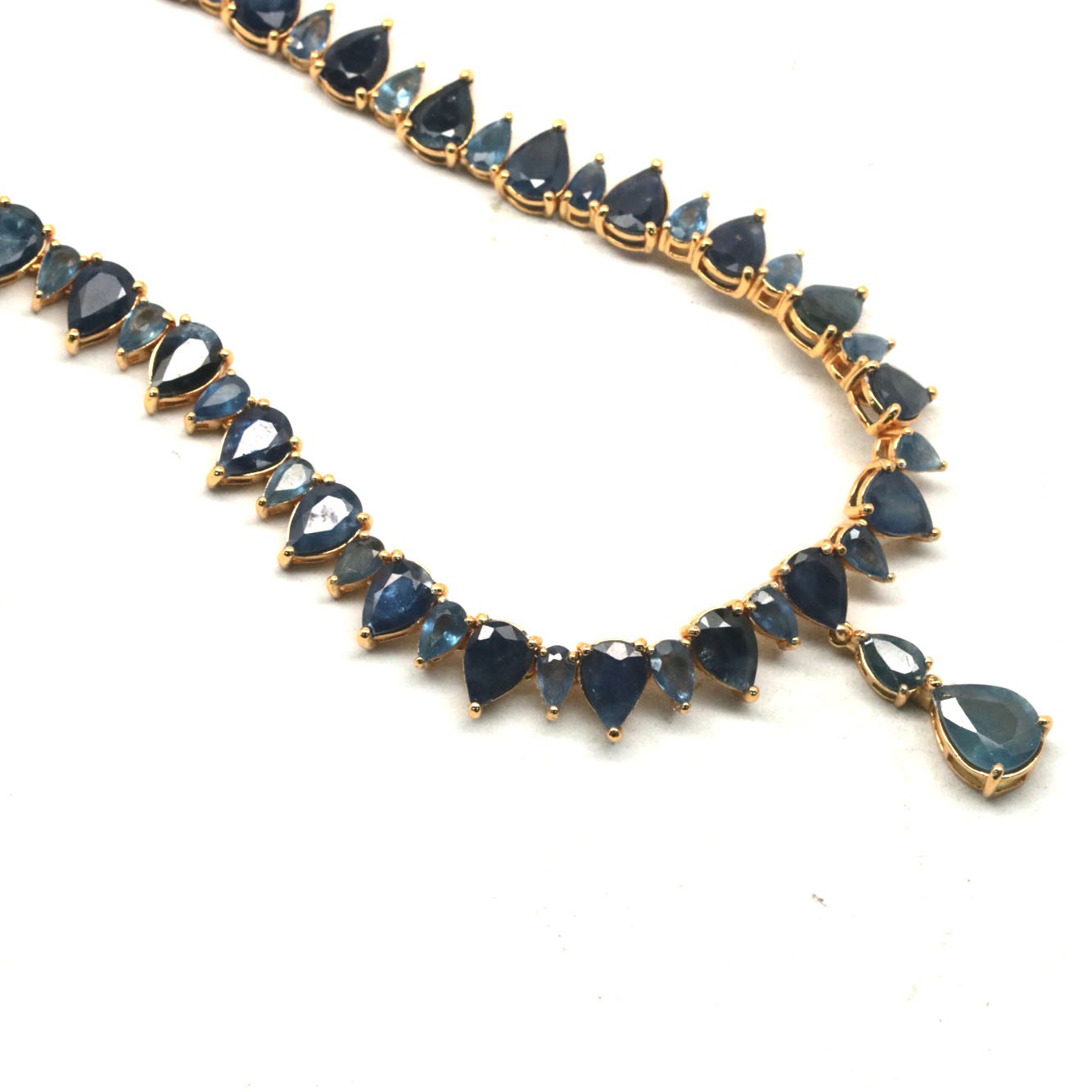 925 Sterling Silver 18K Gold Plated 7 x 9 mm. Blue Sapphire Necklace 17.0 In.