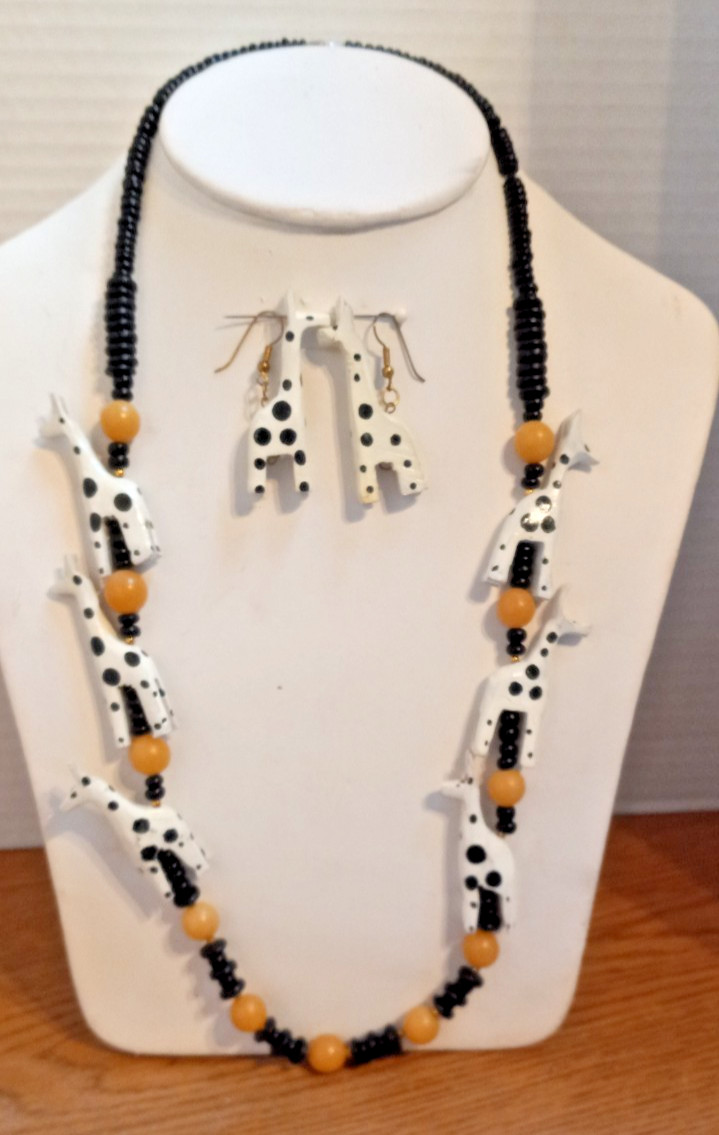 Wooden Necklace Black &White Giraffe’s with brown and black beads