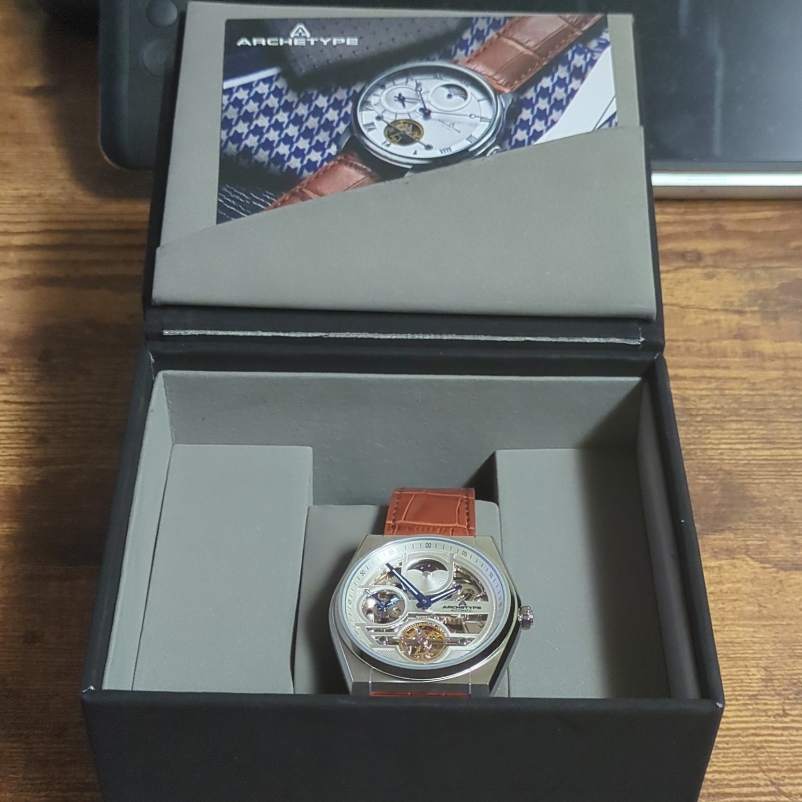 Archetype Rogue Automatic Self-Winding Skeleton Dial 44mm Brown Leather w/Box