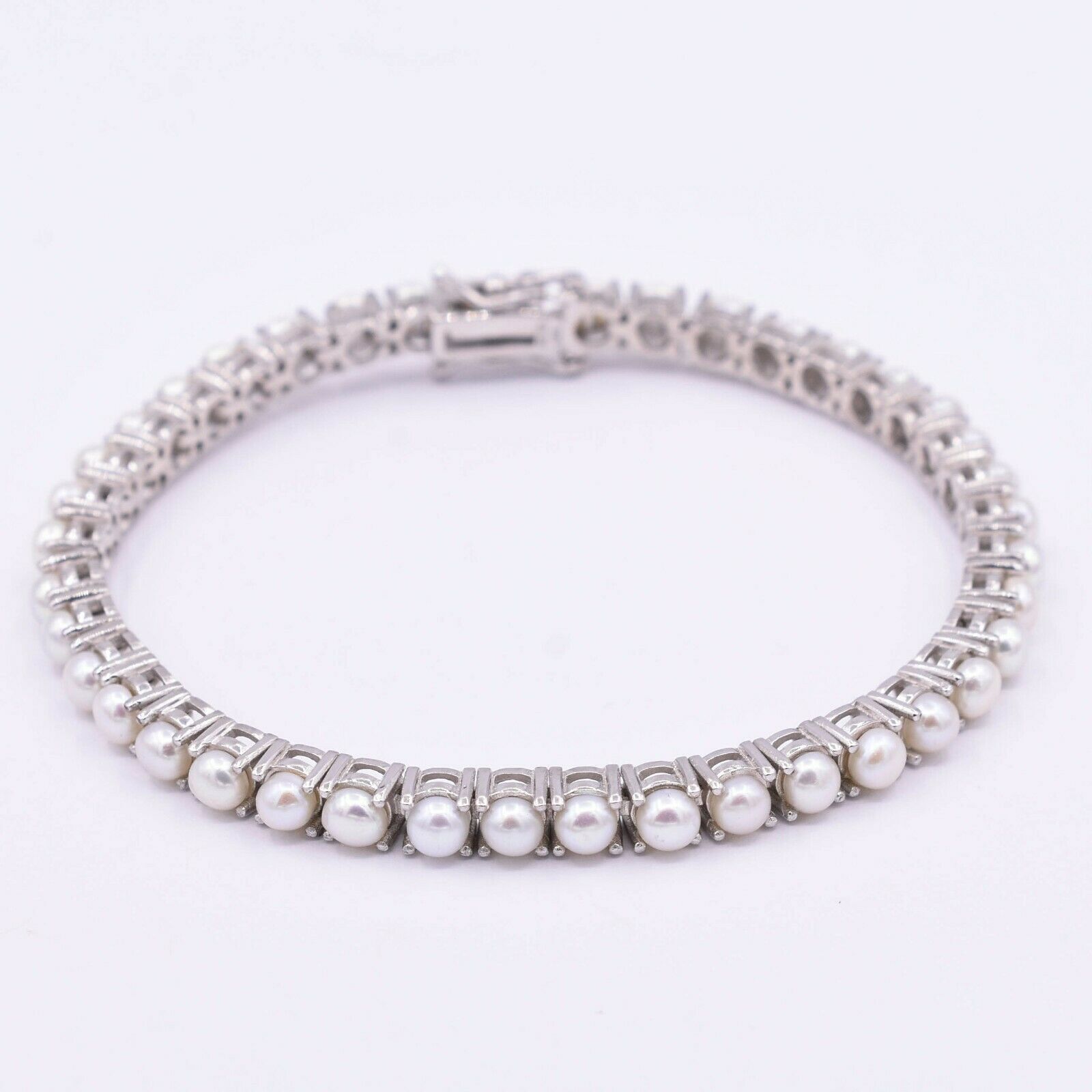 4.3mm Pearl Tennis Bracelet Real 925 Sterling Silver 925 7″