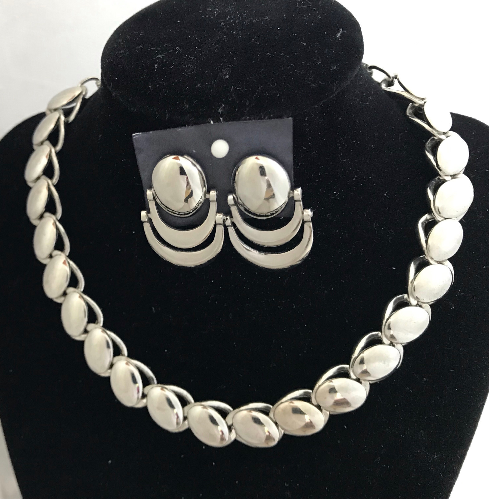 Vtg 1950-60s Shiny Choker Necklace Dangle Screw-back Earrings Cuban Chain Link