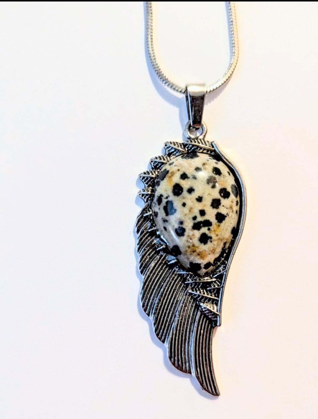 Stainless Steel Angel Dalmatian Jasper Wing Necklace Adjustable Snake Chain