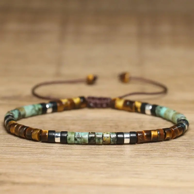 African Turquoise Tiger Eye Healing Gemstone Beaded Bracelet Adjustable Gift