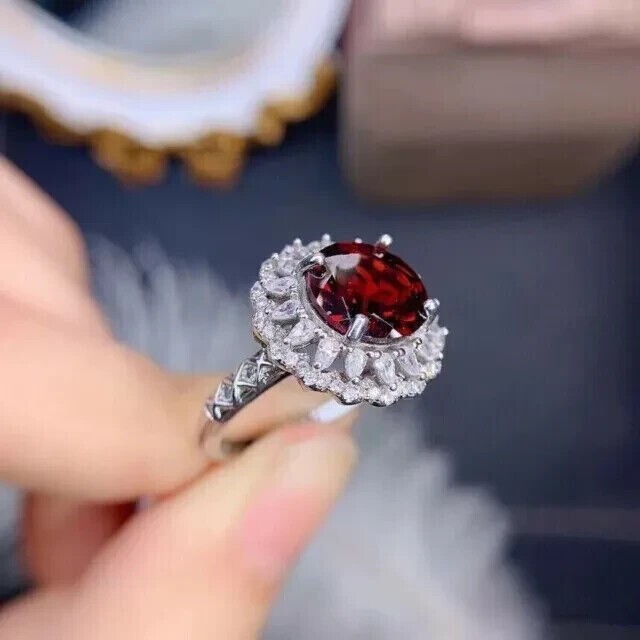 14K White Gold Plated 3.50Ct Round Cut Simulated Red Garnet Halo Engagement Ring