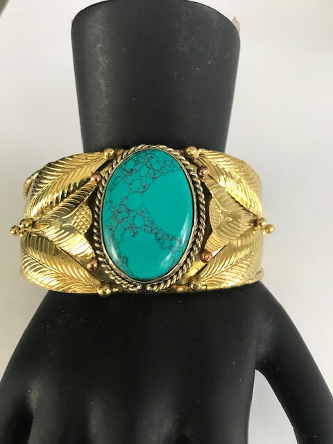 Blue Turquoise Cuff Bracelet 2-Tone Metal Leaf Pattern Cuff Stunning Piece