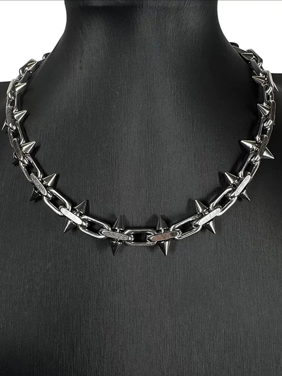 Gothic Punk Spike Cuban Chain Necklace Retro Spike Chain Neck Choker Metal Titan