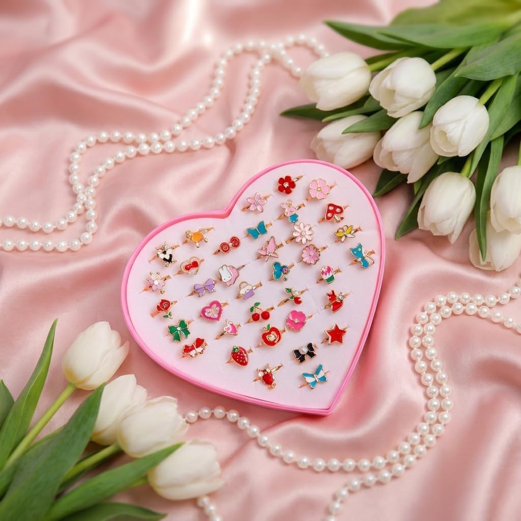 36pcs Girls Adjustable Jewel Rings for Kids, Dress Up Toys, Birthday & Holiday G