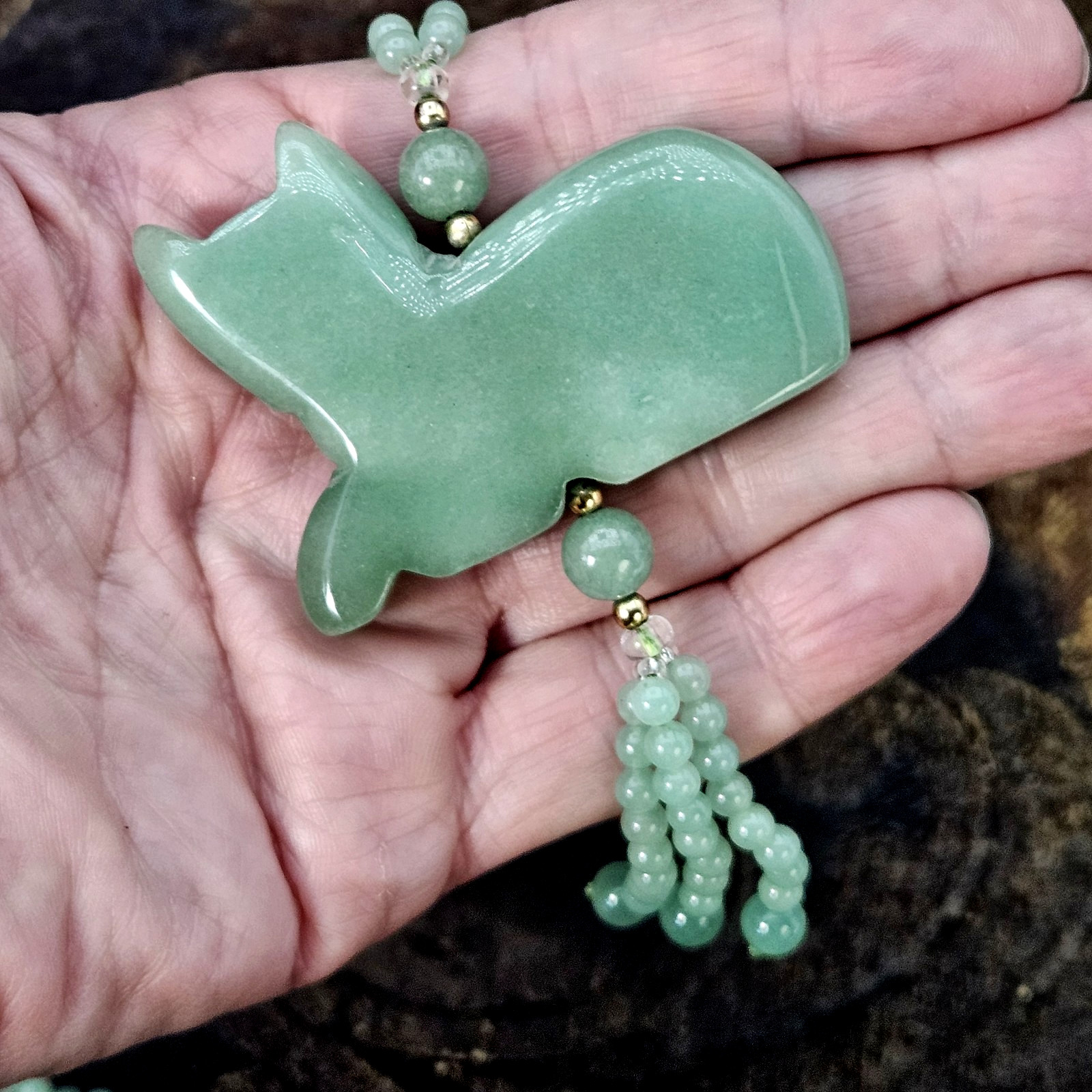 VTG Asian Jadeite Tested Carved Cat Pendant Necklace Aventurine Cloisonne 28″