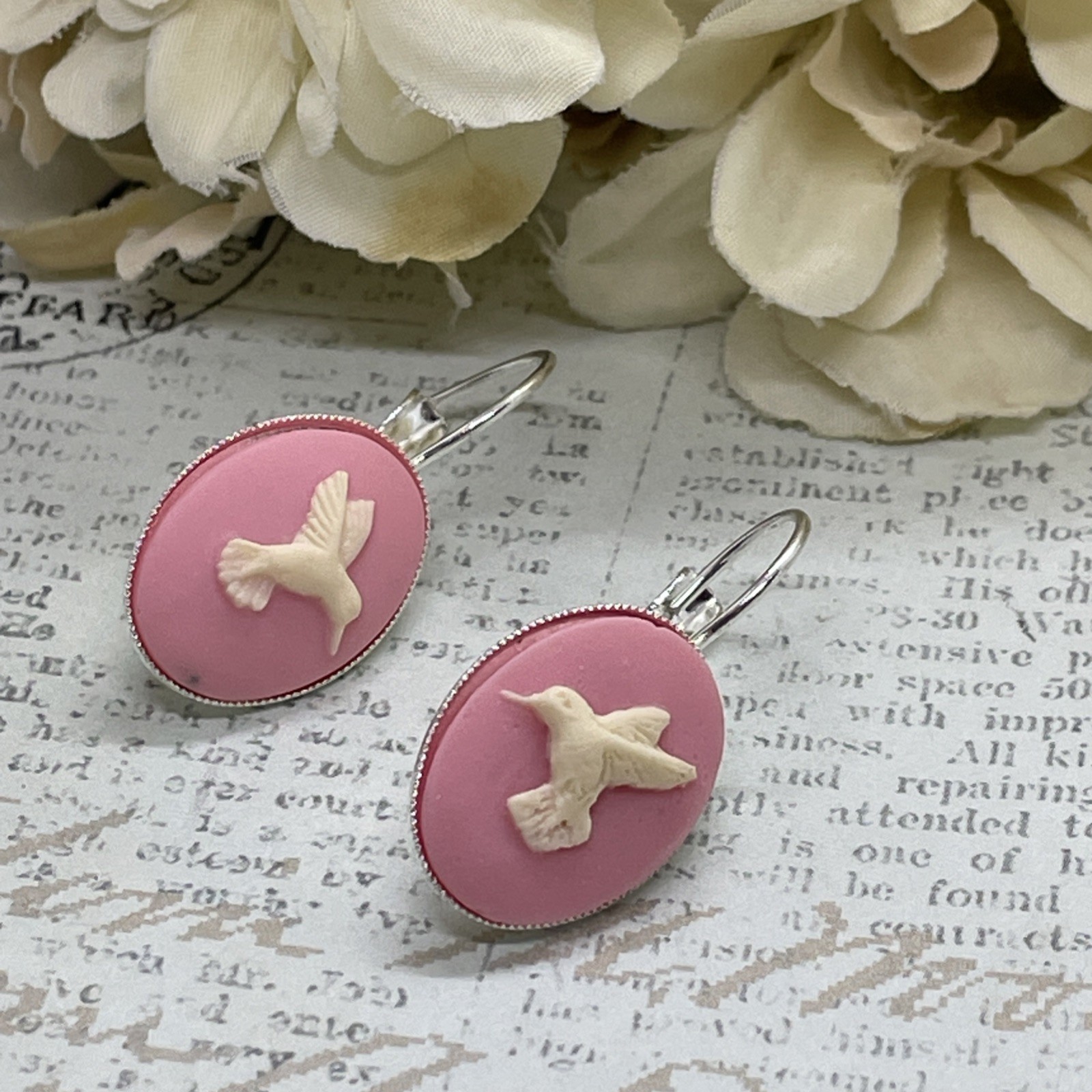 Pink White Hummingbird Silver Boutique French Wire Cameo Earrings Wedding Mom