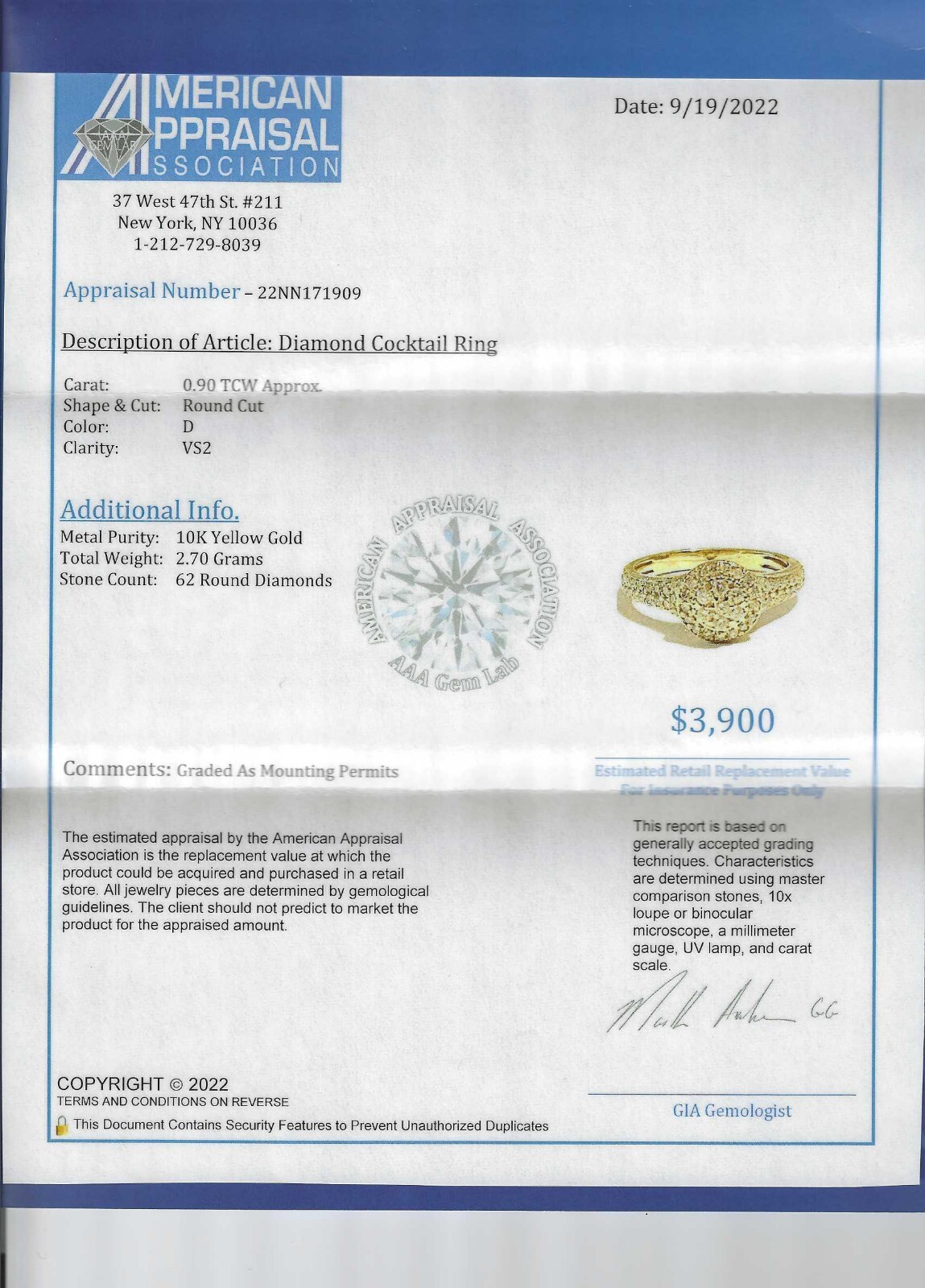 10K Gold Diamond Cocktail Ring Diamond=.90 Carat D-VS2 Size 5.25 Value=$3,900